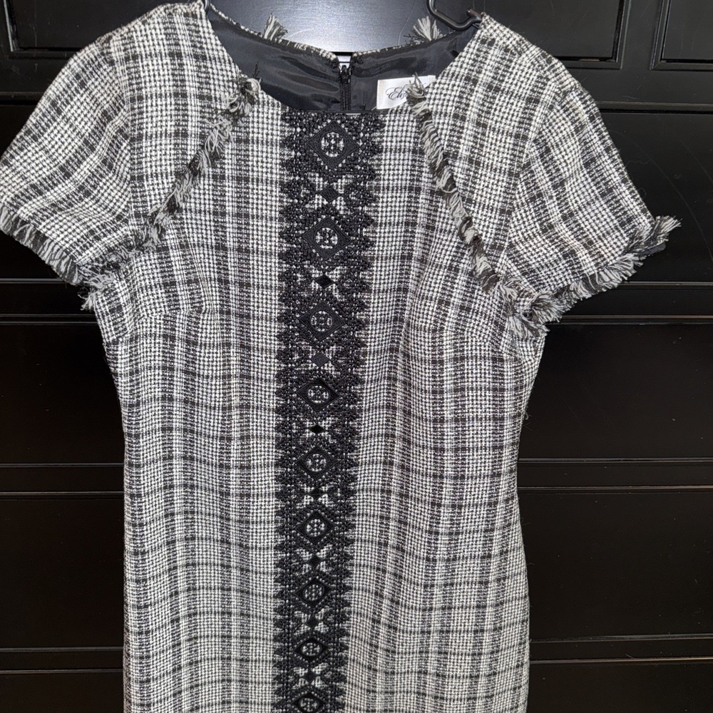 ELIZA J. TWEED DRESS Lace Accent Size 4 Black White Checked Women's Fringe Hem - Picture 4 of 10